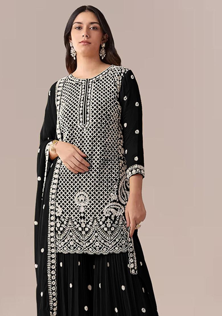 Black Embroidered Georgette Kurta Set - Indya