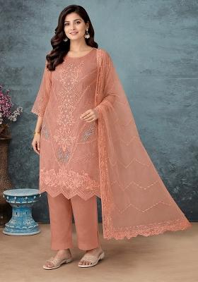 Peach Embroidered Chiffon Kurta Set