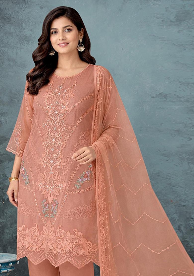 Peach Embroidered Chiffon Kurta Set - Indya