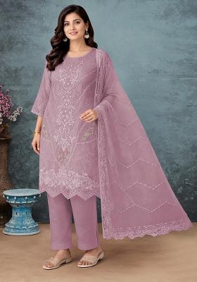 Lavender Embroidered Chiffon Kurta Set