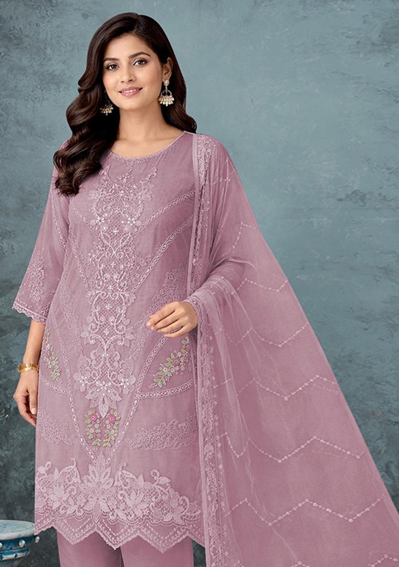Lavender Embroidered Chiffon Kurta Set - Indya