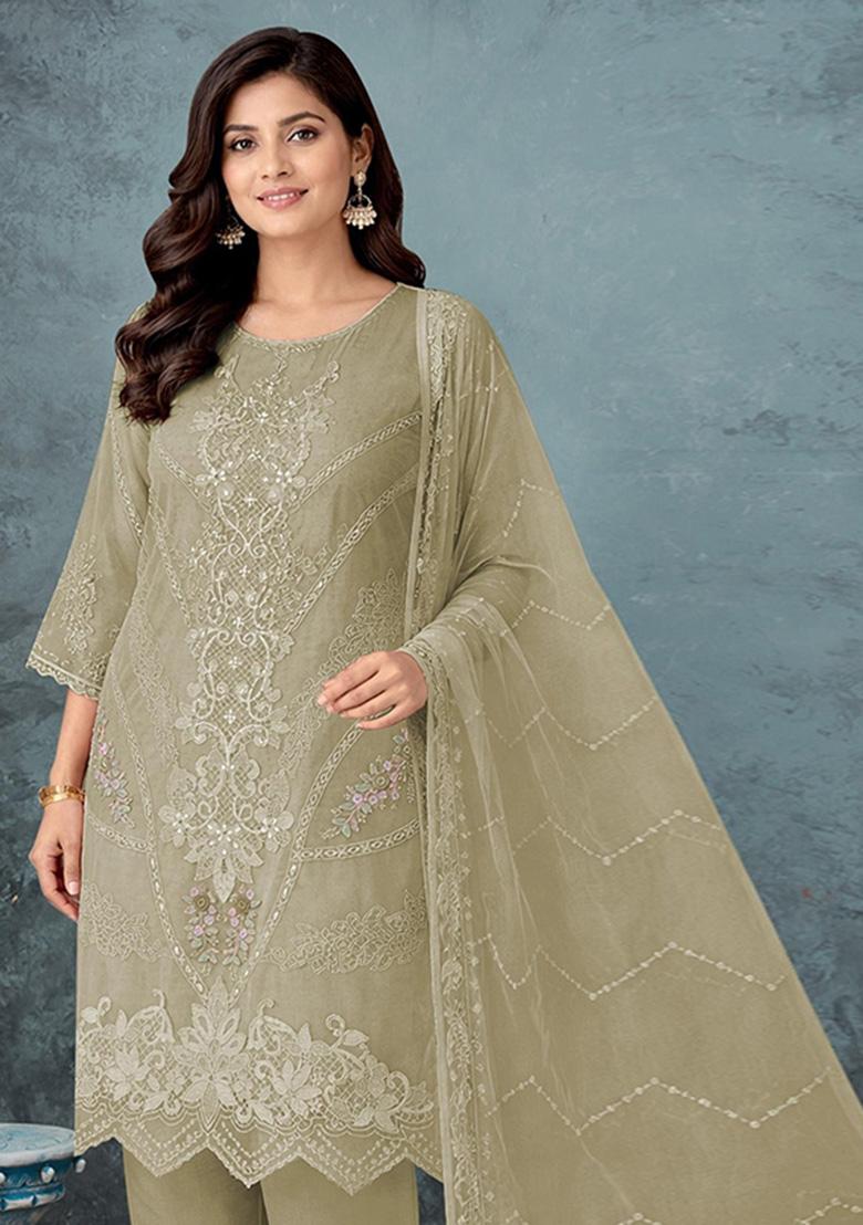 Green Embroidered Chiffon Kurta Set - Indya