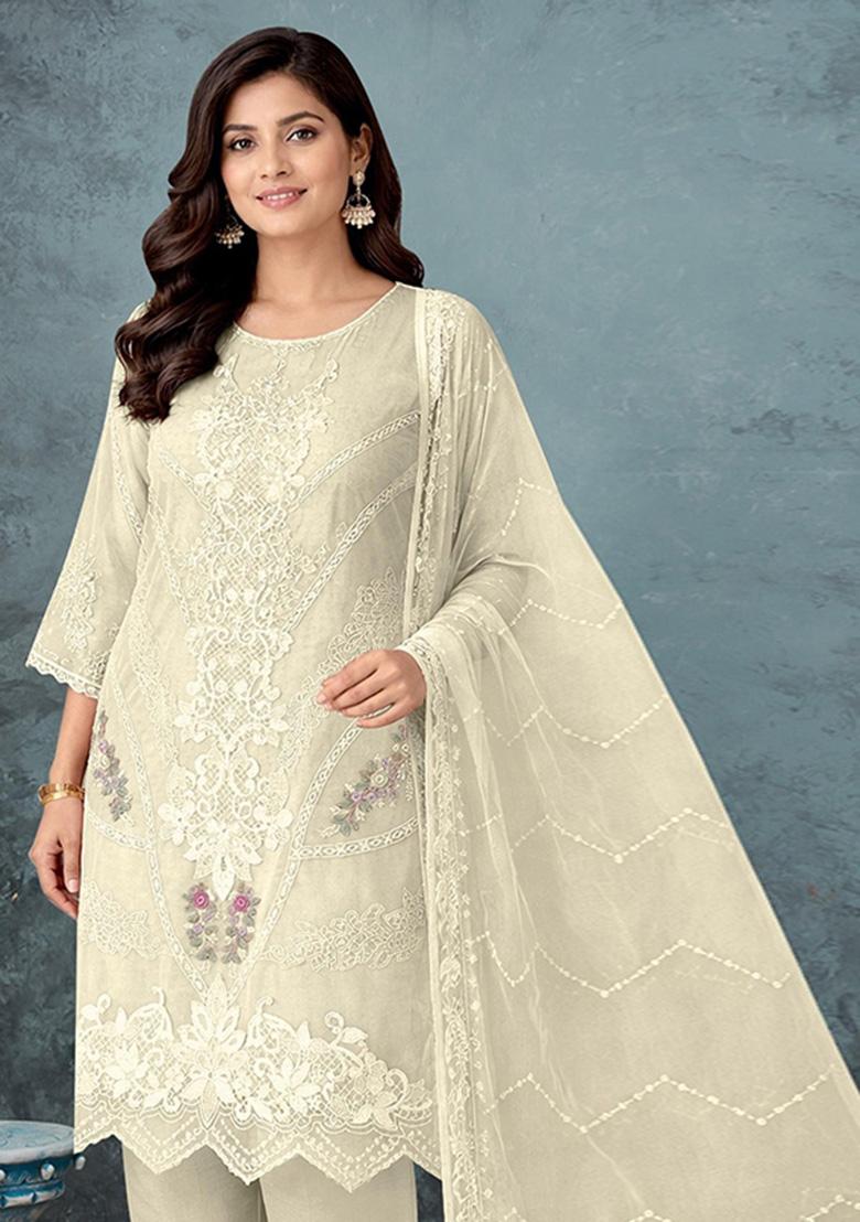 White Embroidered Chiffon Kurta Set - Indya