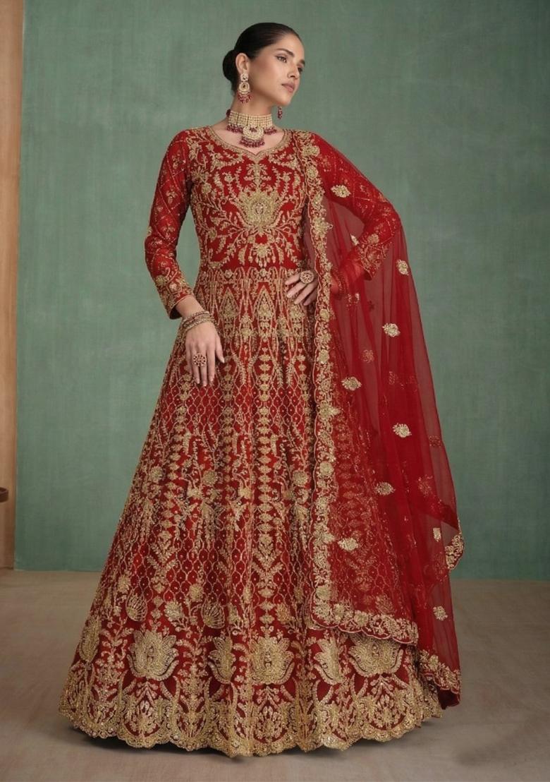 Red Embroidered Net Kurta Set - Indya