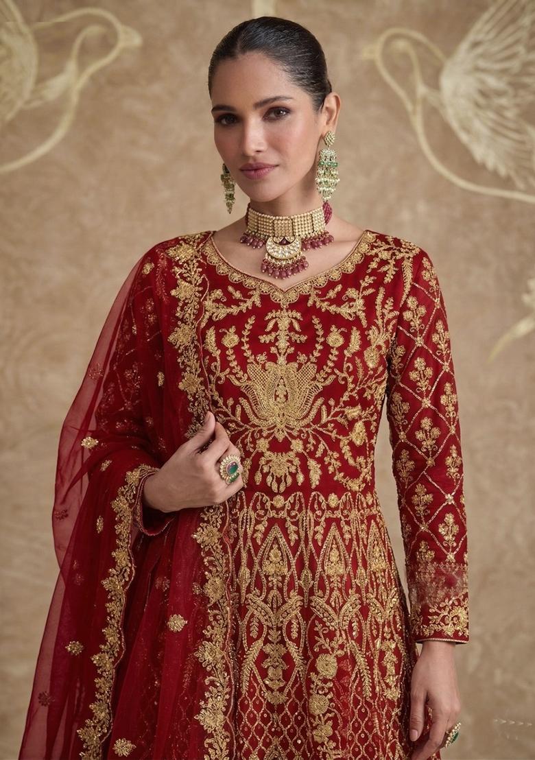 Red Embroidered Net Kurta Set - Indya