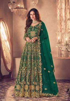 Dark Green Embroidered Net Kurta Set