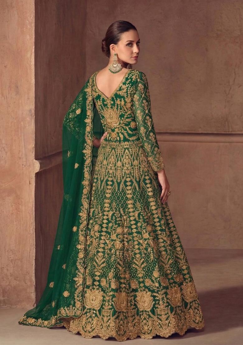 Dark Green Embroidered Net Kurta Set - Indya