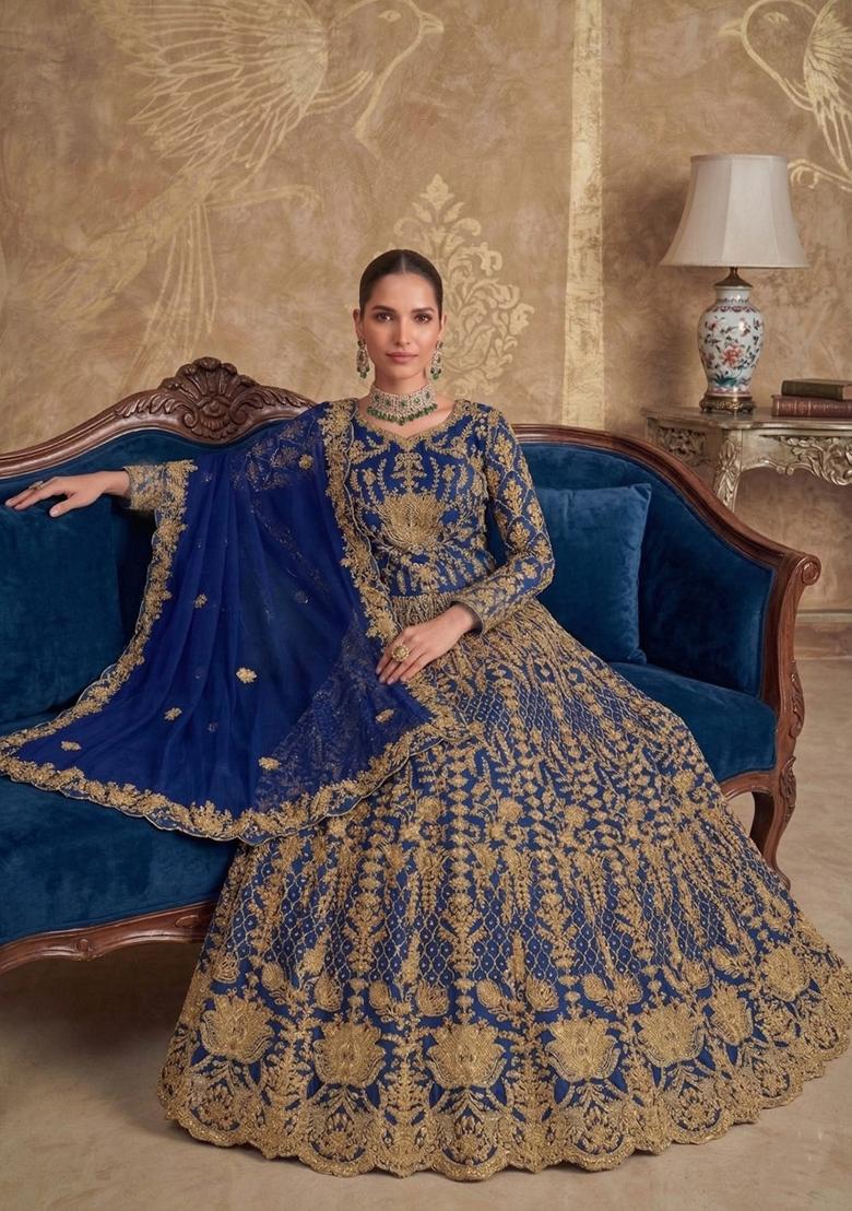 Blue Embroidered Net Kurta Set - Indya