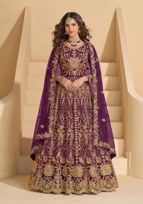 Purple Embroidered Net Kurta Set