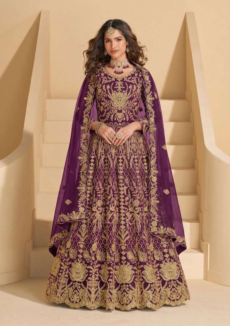 Purple Embroidered Net Kurta Set - Indya