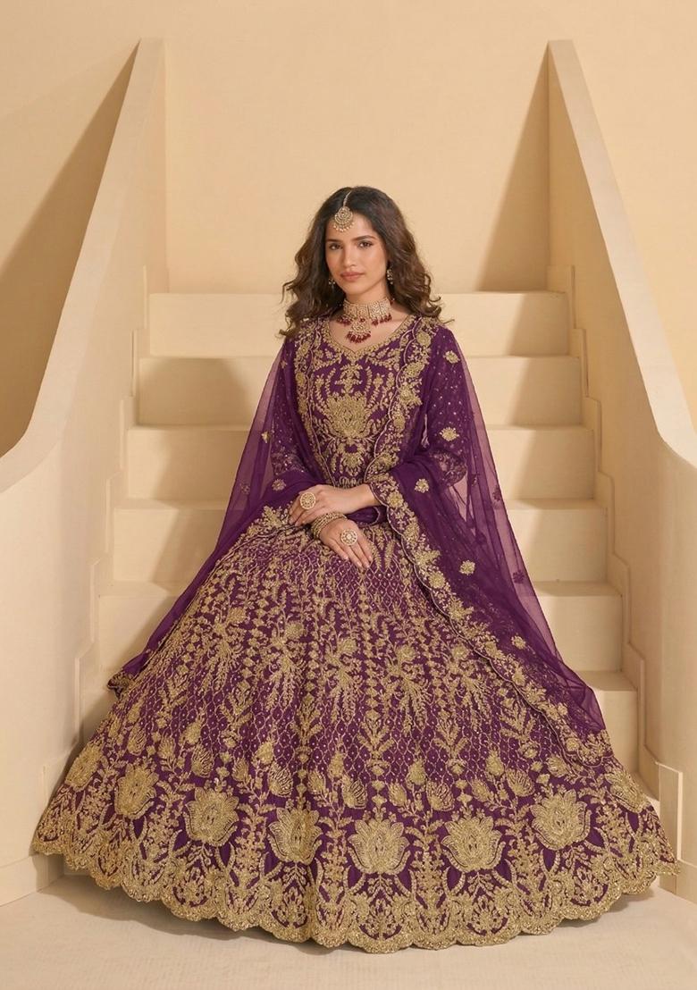 Purple Embroidered Net Kurta Set - Indya