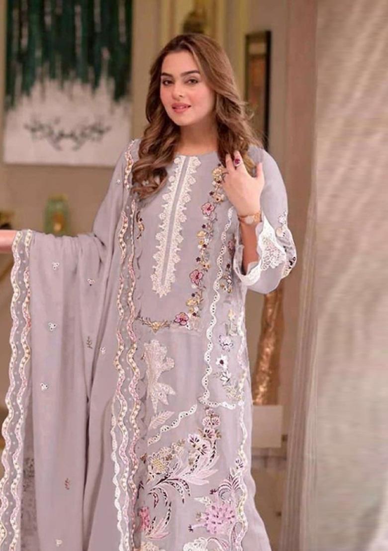 Lavender Moti Work Chiffon Kurta Set - Indya