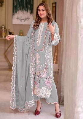 Grey Moti Work Chiffon Kurta Set