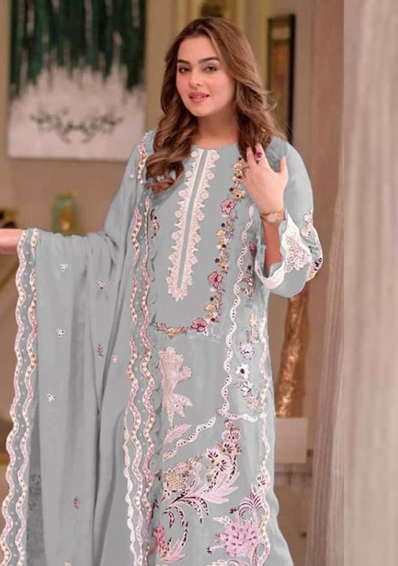 Grey Moti Work Chiffon Kurta Set - Indya