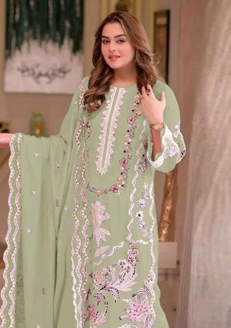 Green Moti Work Chiffon Kurta Set - Indya