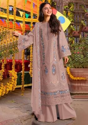 Brown Embroidered Chiffon Kurta Set