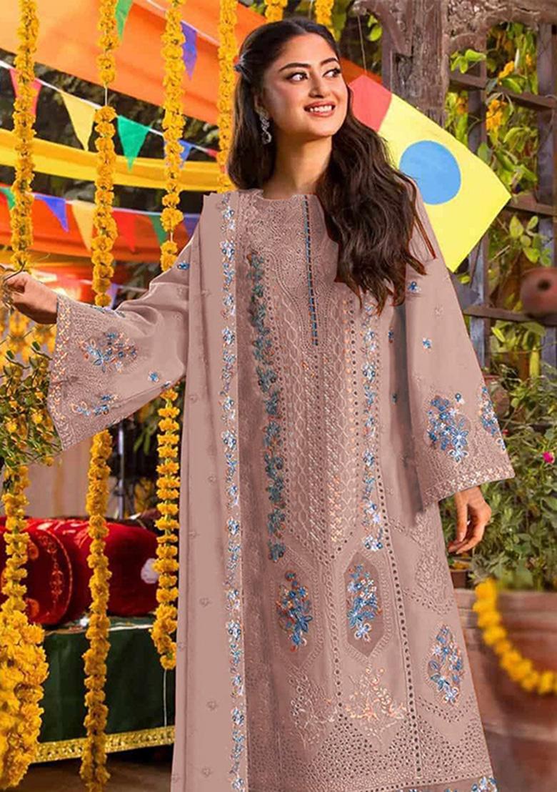 Brown Embroidered Chiffon Kurta Set - Indya