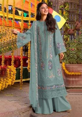 Blue Embroidered Chiffon Kurta Set