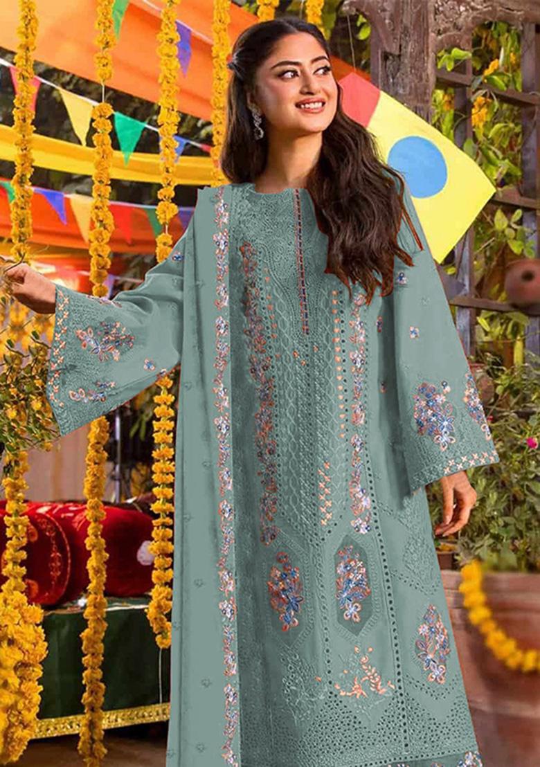 Blue Embroidered Chiffon Kurta Set - Indya
