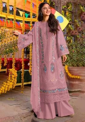 Peach Embroidered Chiffon Kurta Set