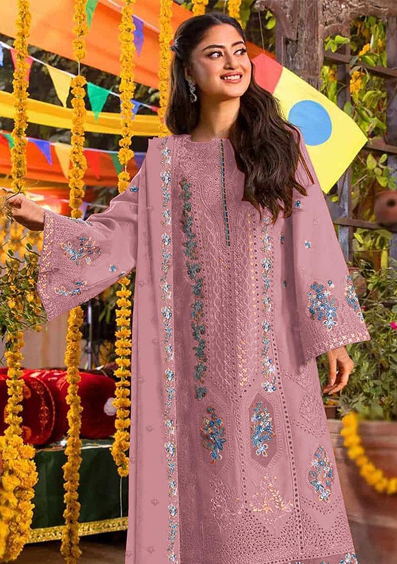 Peach Embroidered Chiffon Kurta Set - Indya