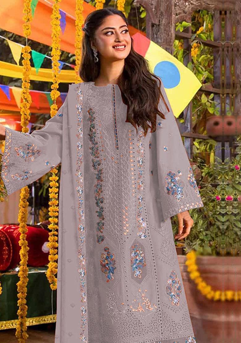 Lavender Embroidered Chiffon Kurta Set - Indya