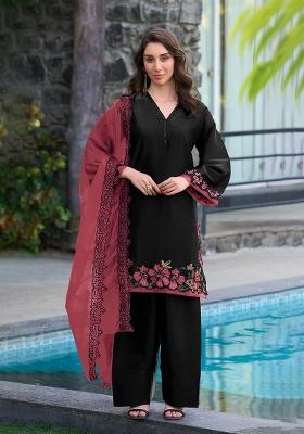 Black Embroidered Satin Kurta Set