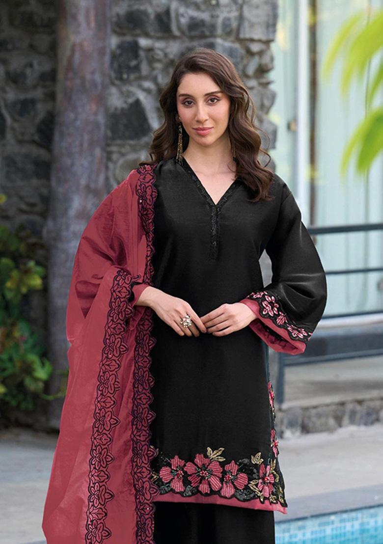 Black Embroidered Satin Kurta Set - Indya