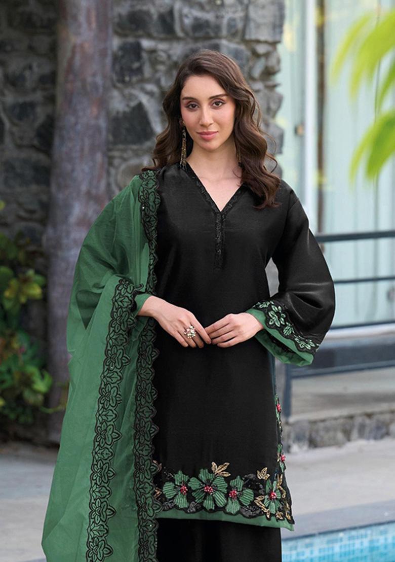 Black Embroidered Satin Kurta Set - Indya