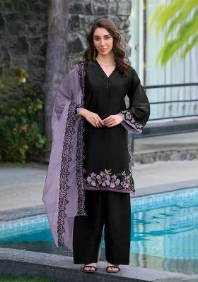 Black Embroidered Satin Kurta Set
