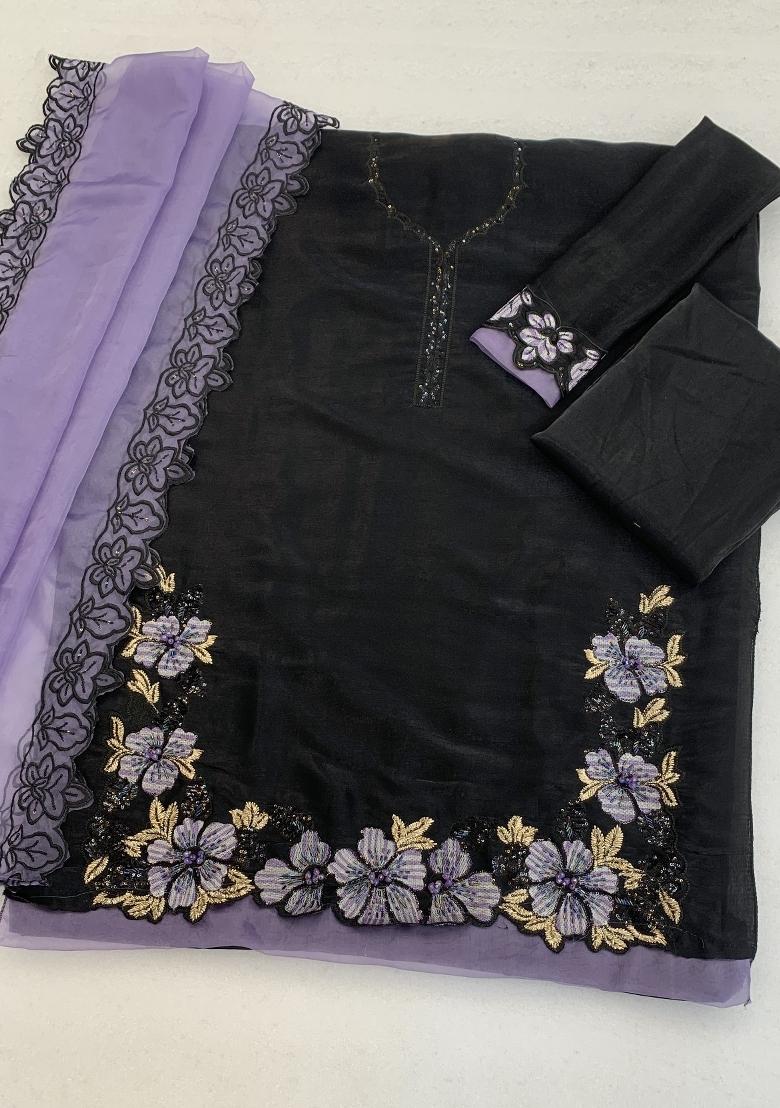 Black Embroidered Satin Kurta Set - Indya
