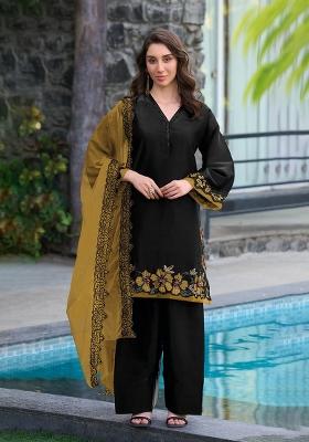 Black Embroidered Satin Kurta Set