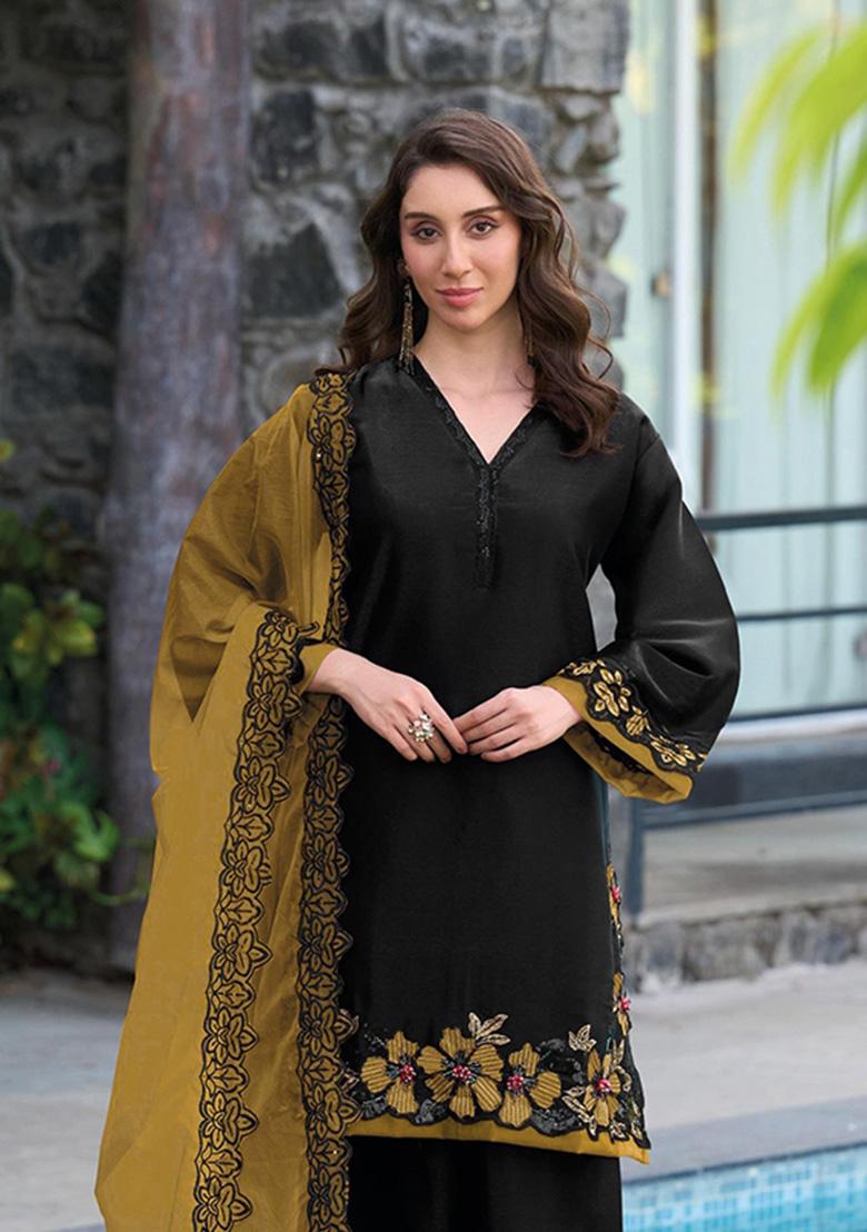 Black Embroidered Satin Kurta Set - Indya