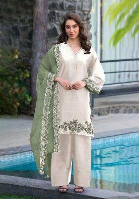 White Embroidered Satin Kurta Set
