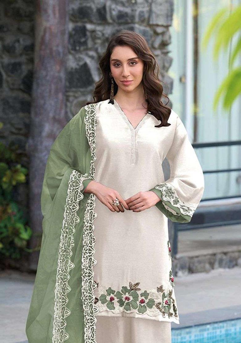 White Embroidered Satin Kurta Set - Indya