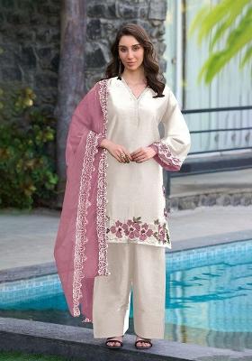 White Embroidered Satin Kurta Set