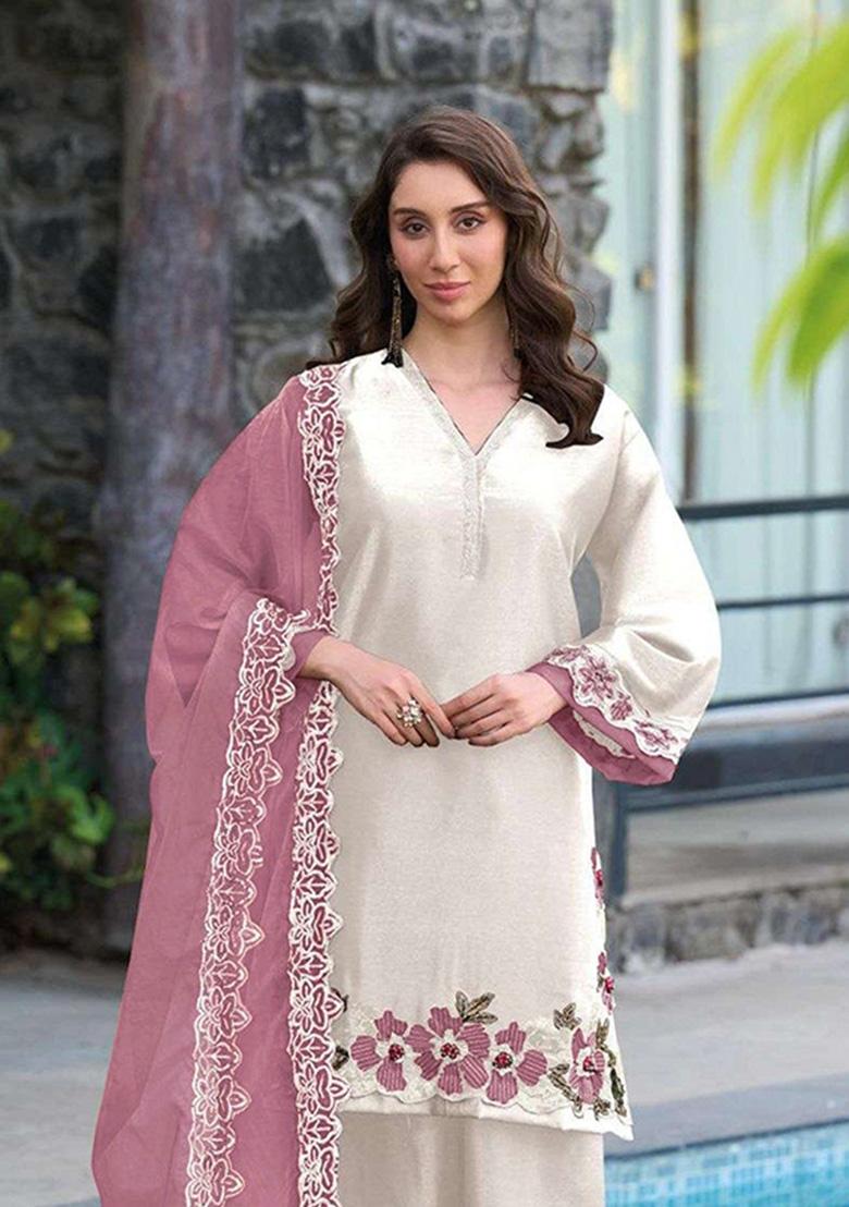 White Embroidered Satin Kurta Set - Indya