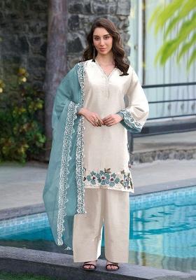 White Embroidered Satin Kurta Set