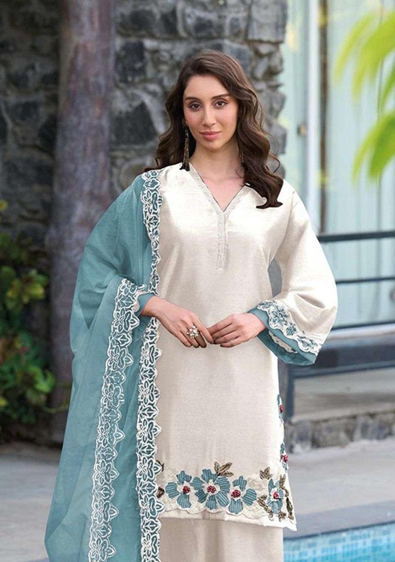 White Embroidered Satin Kurta Set - Indya