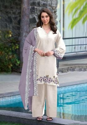 White Embroidered Satin Kurta Set
