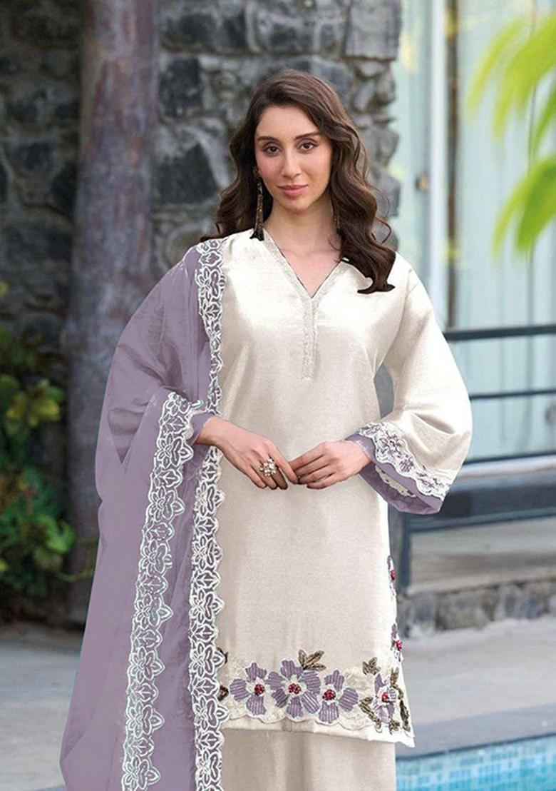 White Embroidered Satin Kurta Set - Indya