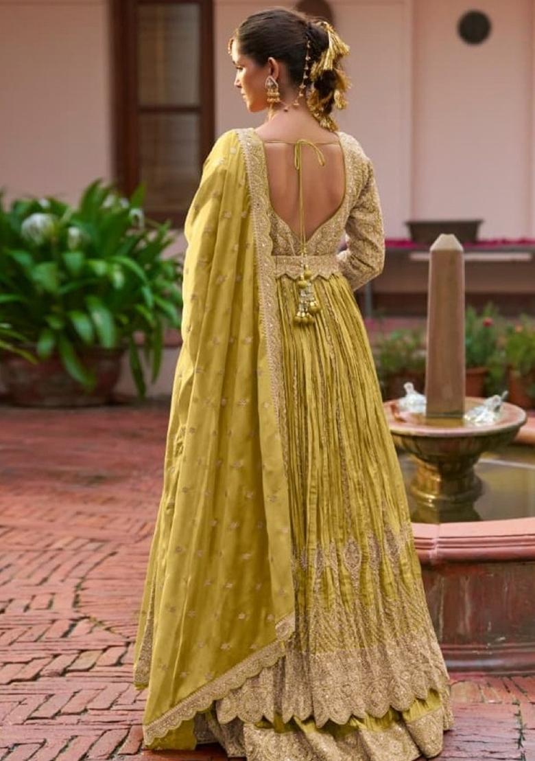 Yellow Embroidered Silk Kurta Set - Indya