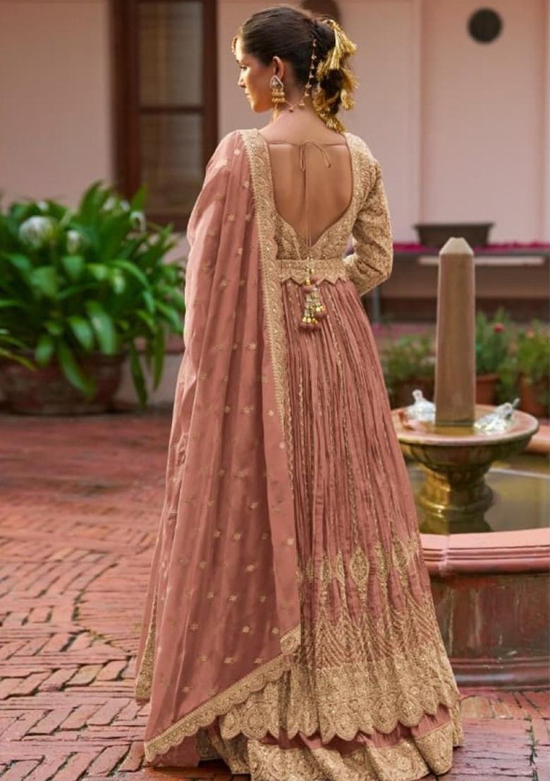 Peach Embroidered Silk Kurta Set - Indya