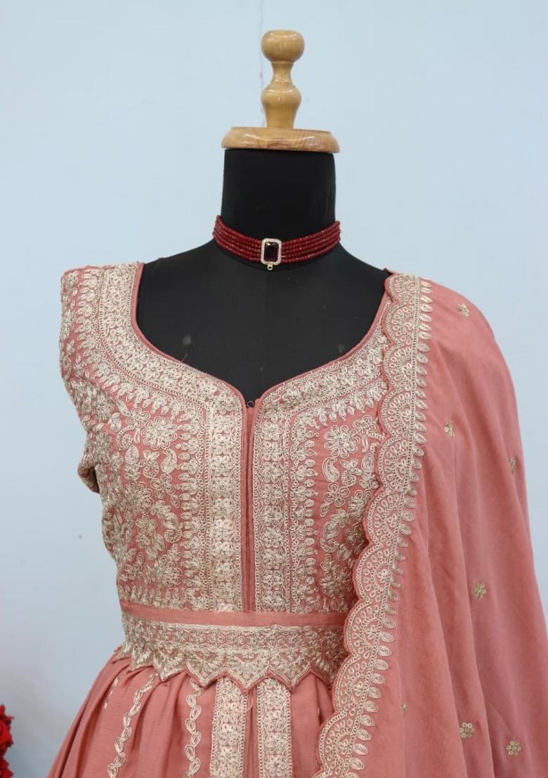 Peach Embroidered Silk Kurta Set - Indya