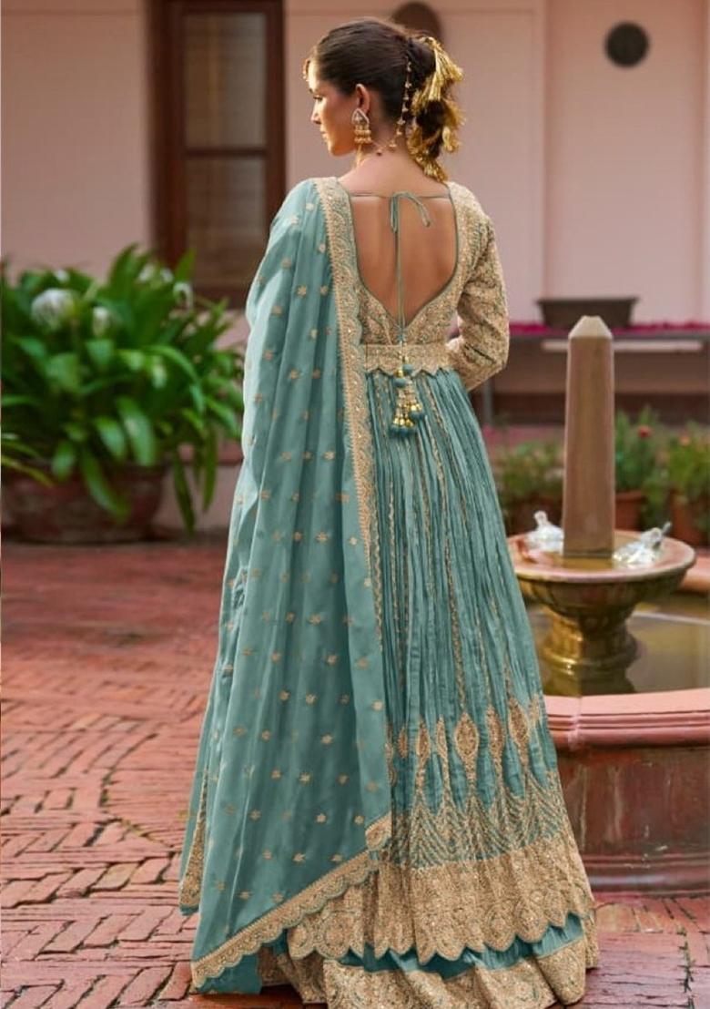 Blue Embroidered Silk Kurta Set - Indya