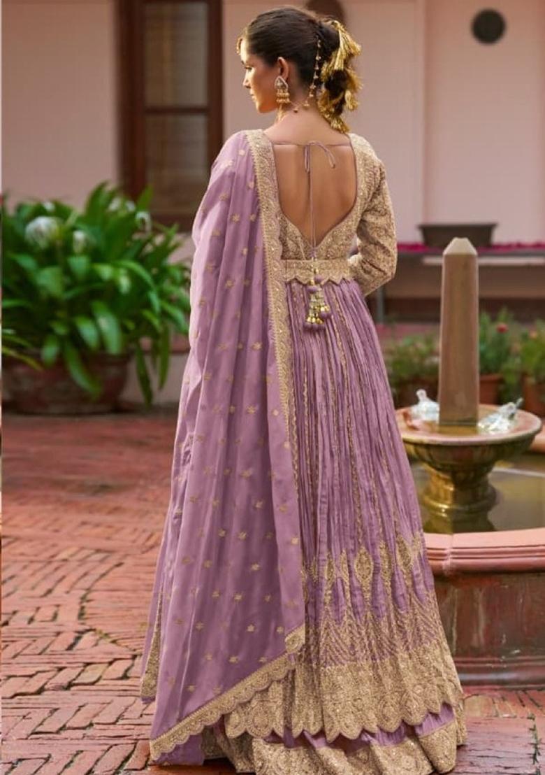 Lavender Embroidered Silk Kurta Set - Indya