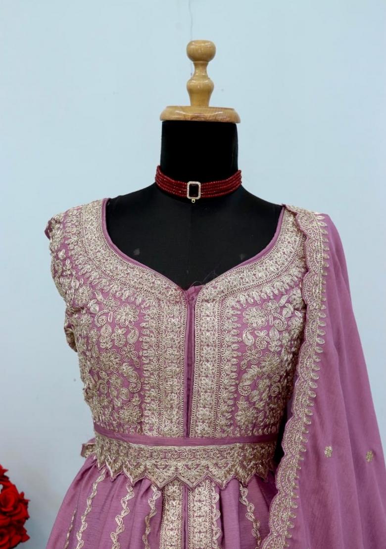 Lavender Embroidered Silk Kurta Set - Indya