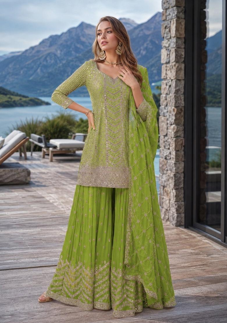 Green Embroidered Silk Kurta Set - Indya