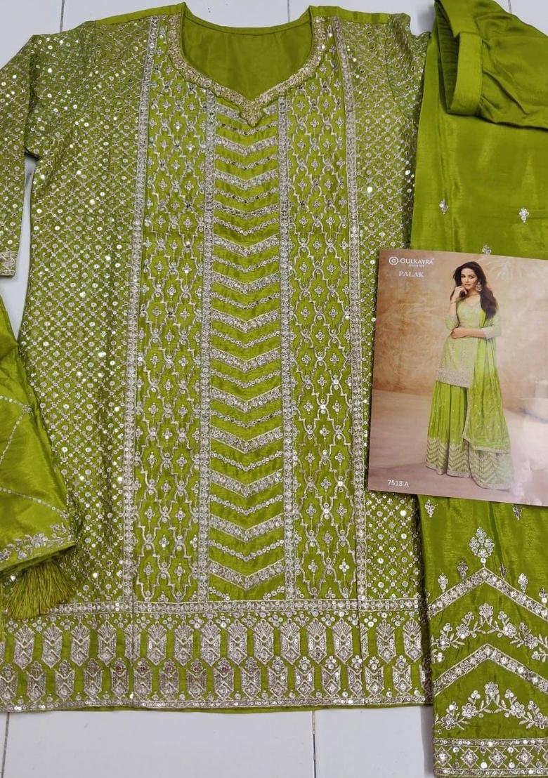 Green Embroidered Silk Kurta Set - Indya
