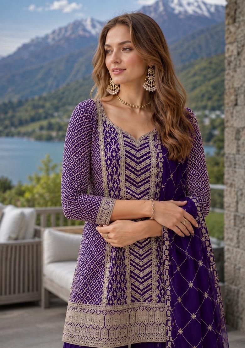 Violet Embroidered Silk Kurta Set - Indya